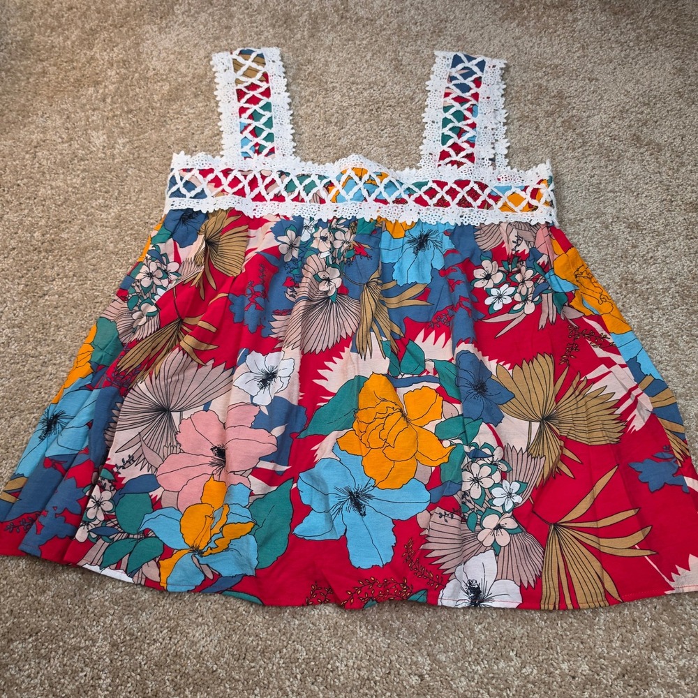 See And Be Seen Tank Top Floral Crochet Lace Trim Boho Red Multicolor Size L